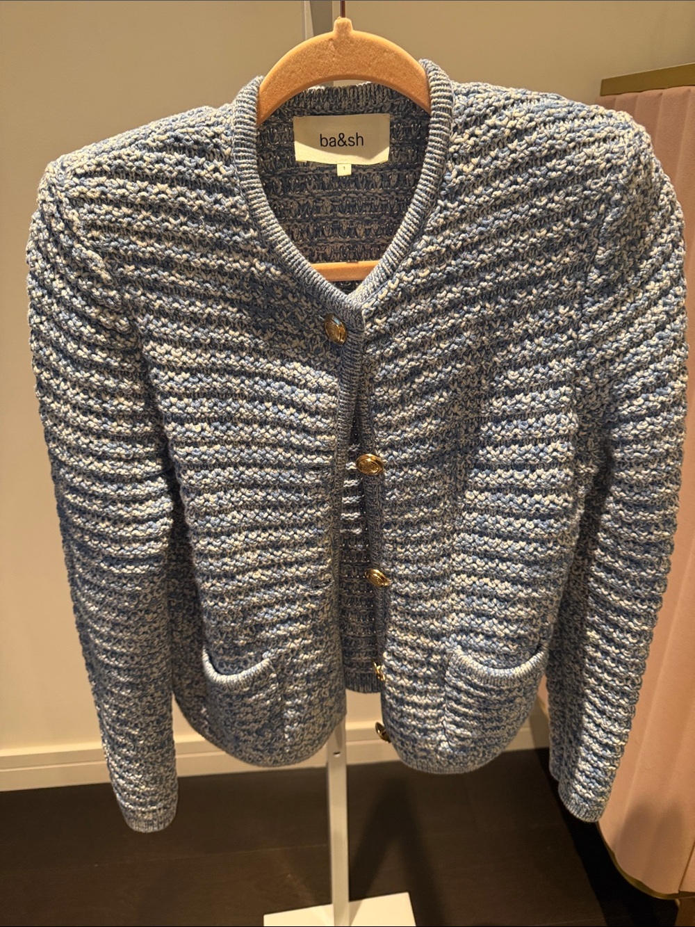 ba&sh Blue Textured Knit Cardigan with Gold Buttons
